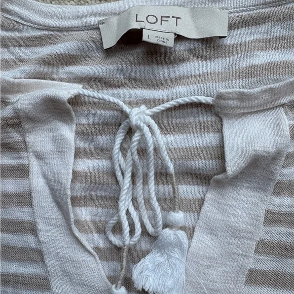 LOFT White and Tan Tie Front Long Sleeve Blouse - Picture 3 of 5